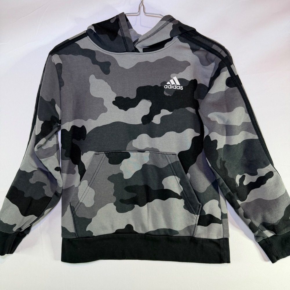 Adidas Boys Camo Hoodie Gray Black Fleece Pullover Sweatshirt Size‎ Small 8